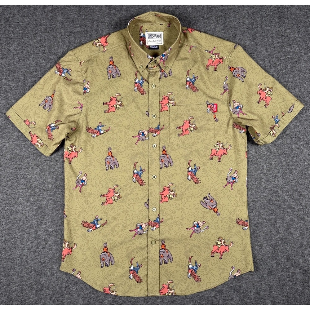 RSVLTS Shirt Mens Medium Olive Green Teddy Riding Things  Kunuflex Button Down *